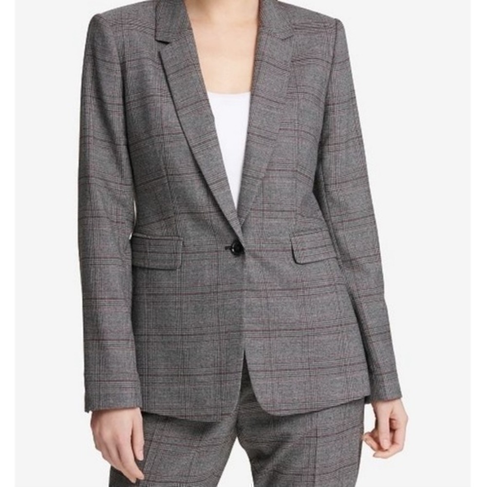 DKNY women’s plaid blazer Jacket Size 14 Color Gray/Black/Maroon